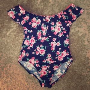 Cremieux Navy Pink Floral Off Shoulder L Swimsuit